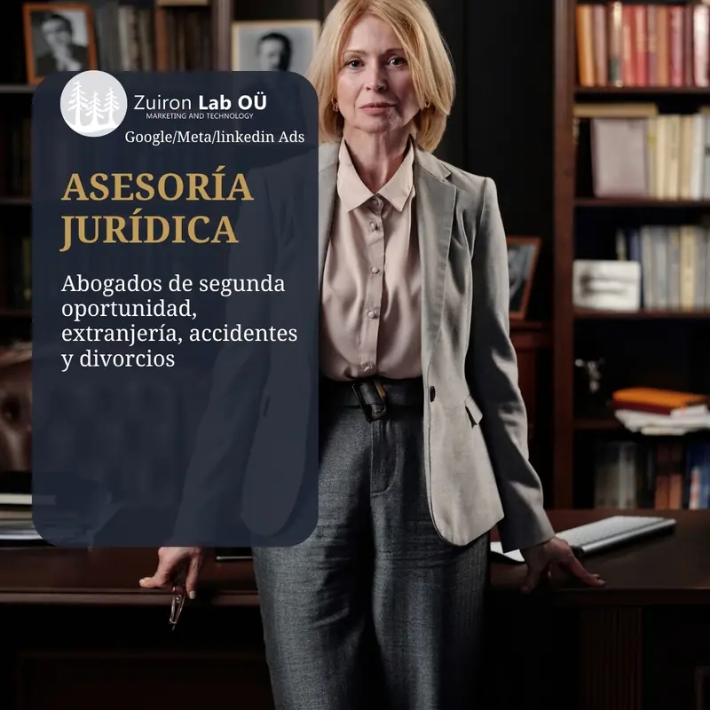 Anuncio de ejemplo con una abogada en su despacho para la ley de segunda oportunidad
