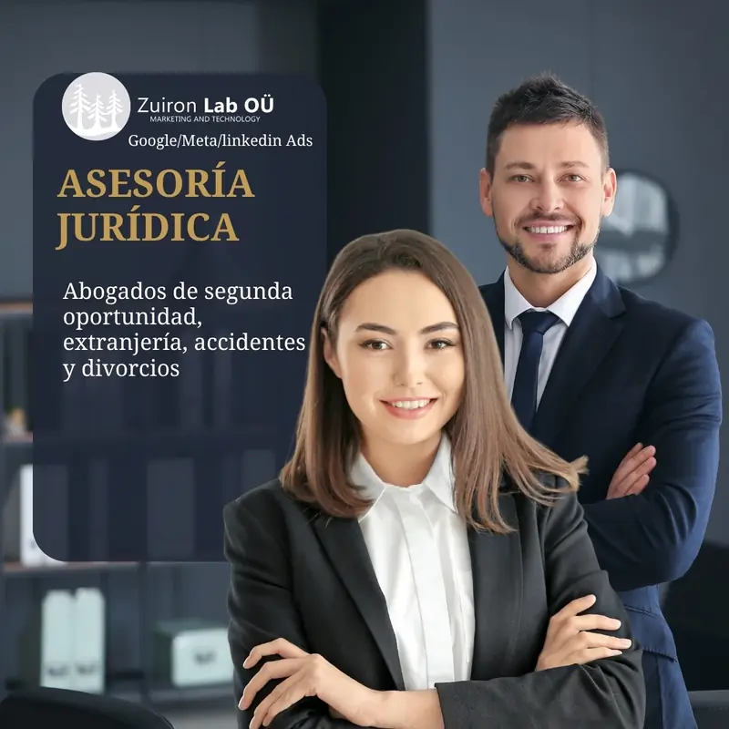 Anuncio de ejemplo para un despacho: equipo de abogados de segunda oportunidad, extranjería, accidentes y divorcios
