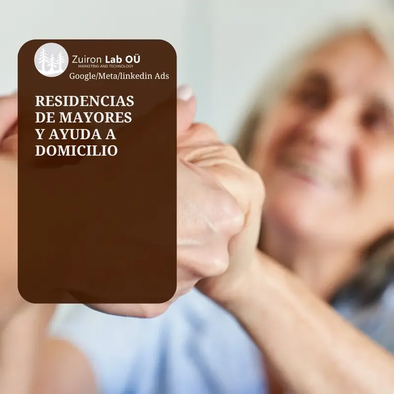 Anuncio de ejemplo de ayuda a domicilio: mujer mayor sonriendo de la mano de su cuidadora
