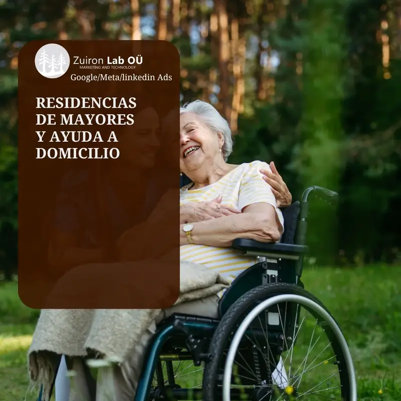 Anuncio de ejemplo de residencia de mayores: residente sonriente en silla de ruedas en el jardín